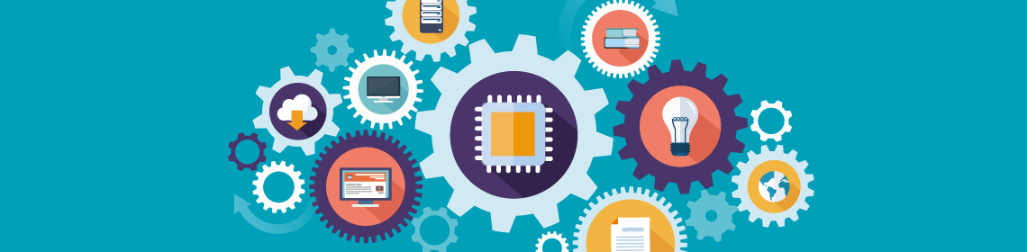 Engrenages et icônes numériques, représentant l'automatisation de tâches numériques.