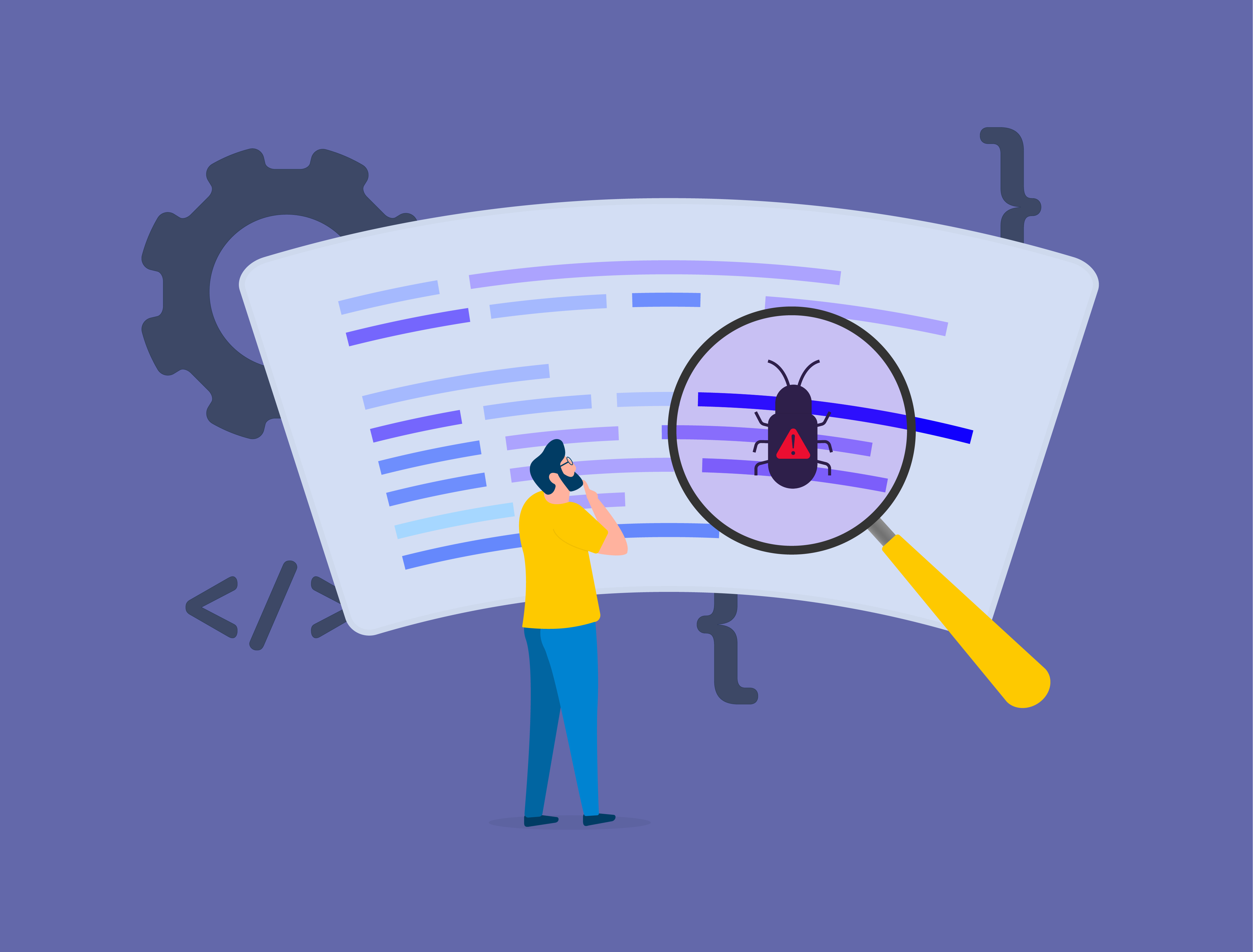 Une personne regarde un insecte ayant un symbole d'avertissement sur le dos à travers une grande loupe sur un écran affichant des lignes de code.