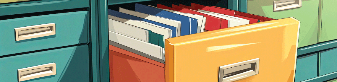 ne armoire sarcelle dont un tiroir ouvert contient des dossiers colorés.