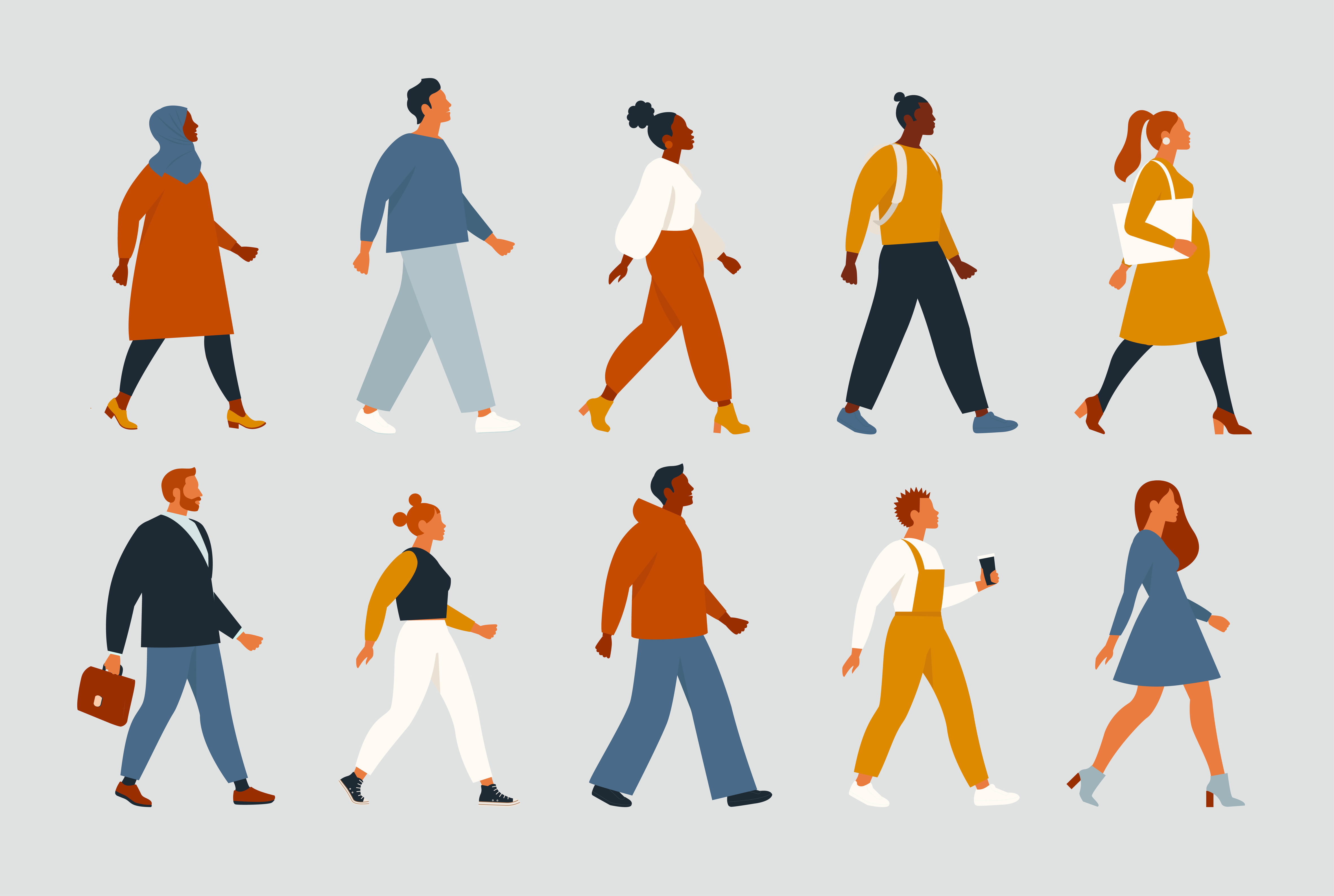 Illustration of ethnically diverse people walking in the same direction.