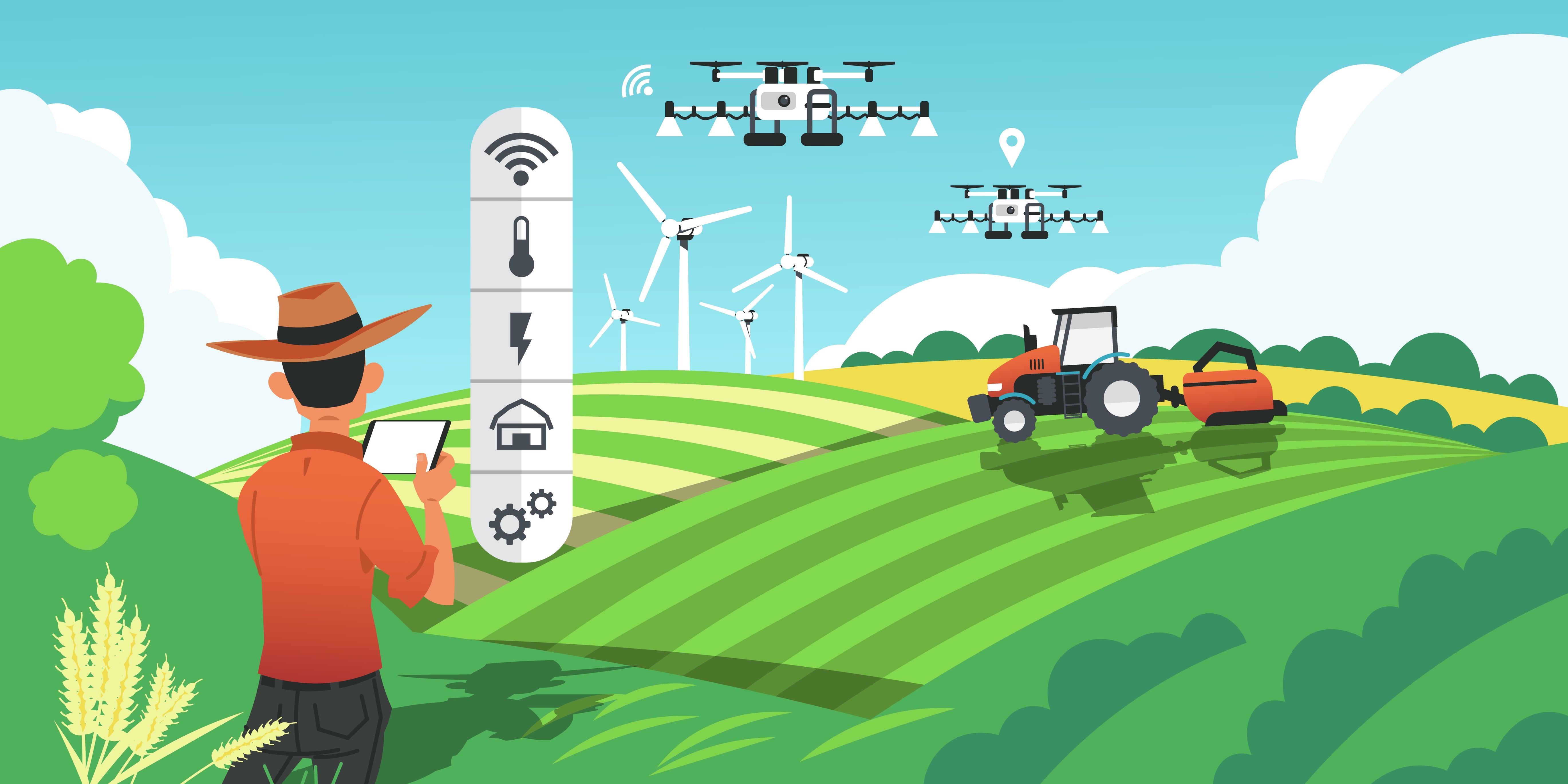 Cartoon of a smart farm with a farmer tracking the soil conditions and controlling farming tools and equipment such as drones and a tractor through a tablet.