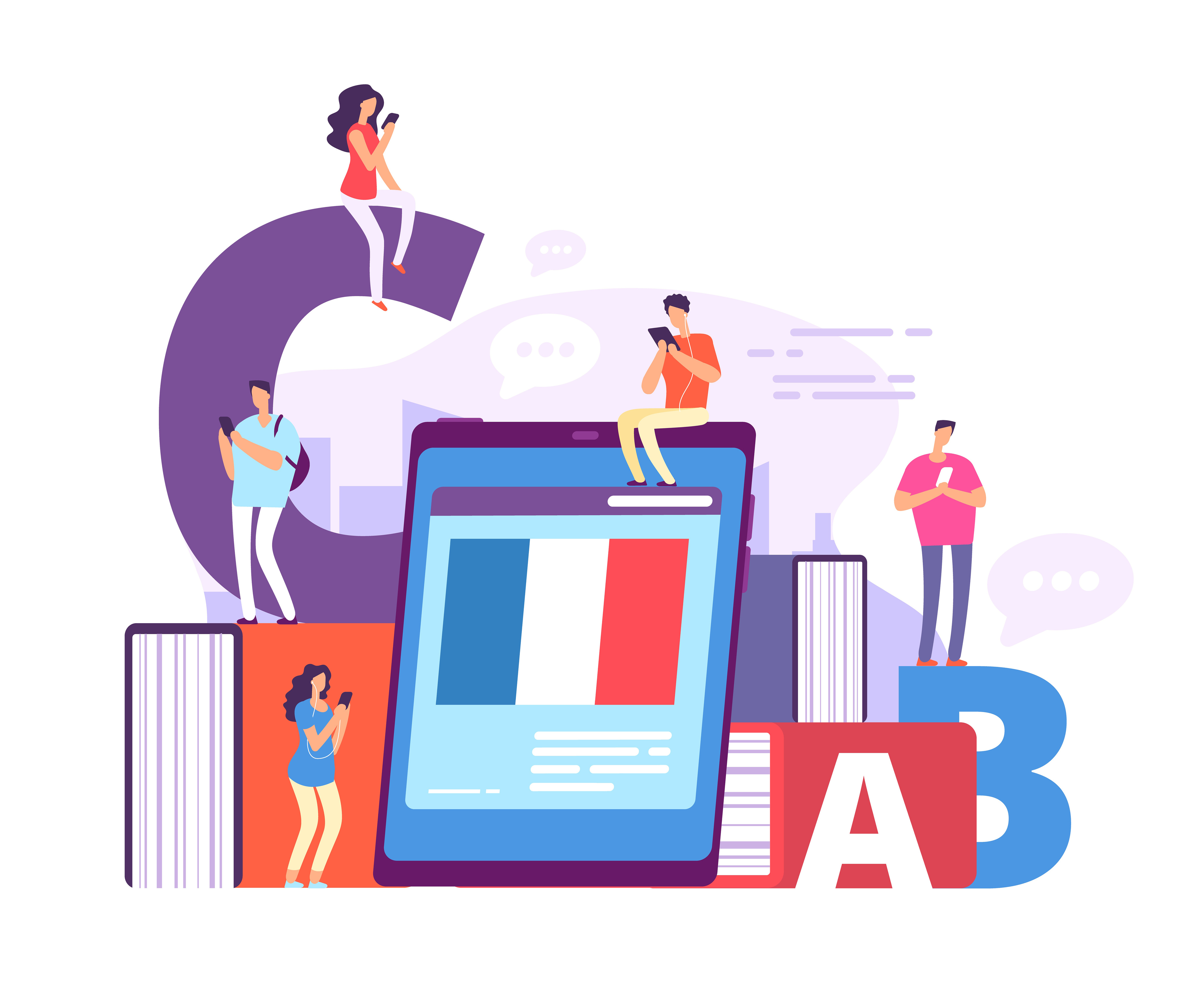 Des personnes lisent des livres et utilisent des appareils numériques surdimensionnés. Des lettres géantes apparaissent en arrière-plan.