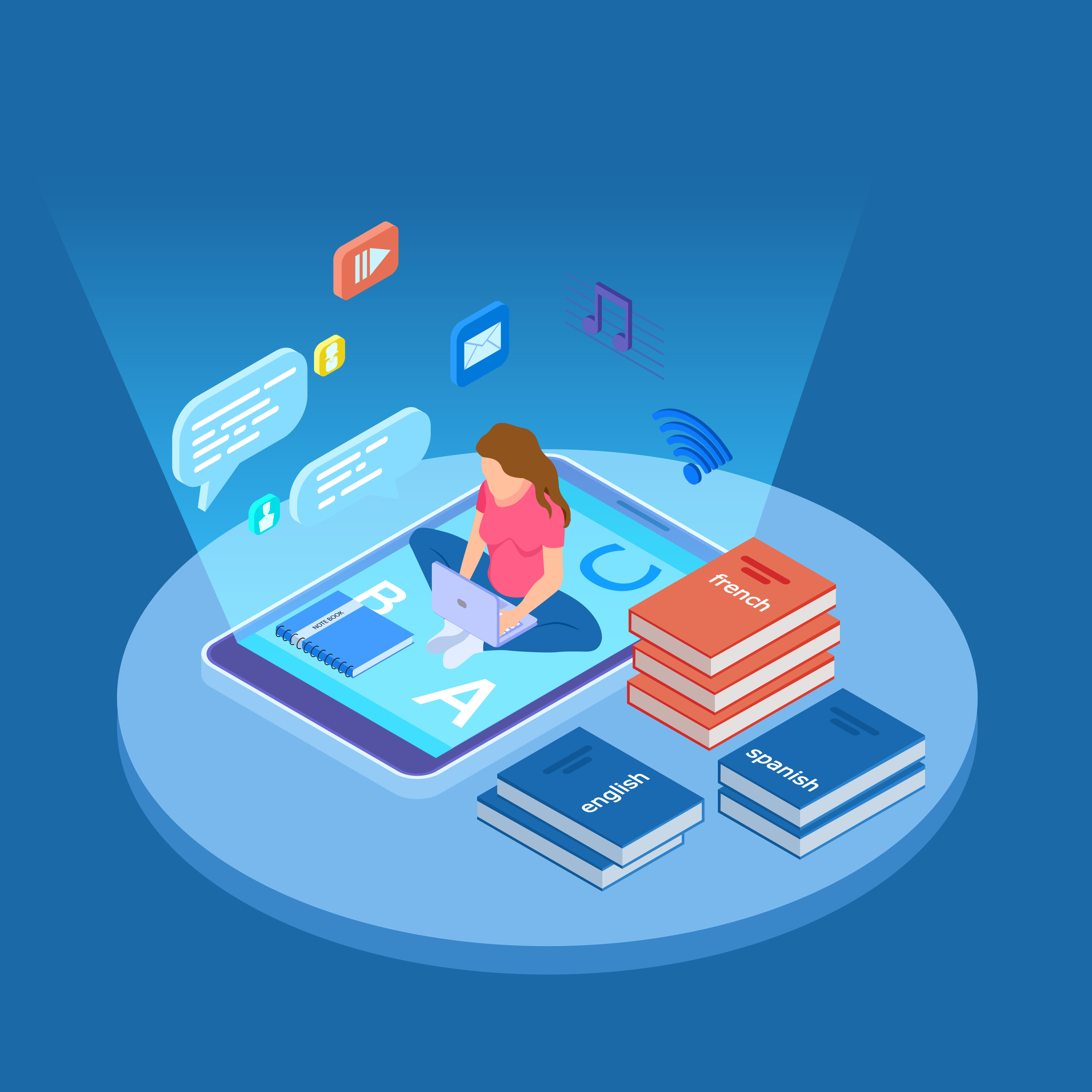 Personne assise sur un téléphone intelligent surdimensionné qui regarde un ordinateur portable. Elle est entourée de diverses icônes comme une bulle, une note de musique, des boutons de lecture et de pause, l'icône Wi-Fi et de livres qui portent les mentions english, french et spanish.