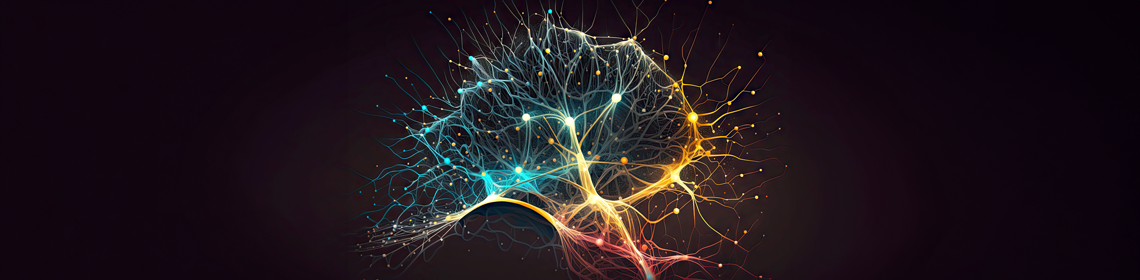 A representation of neural networks consisting of different neurons and connections, shaped like the human brain.