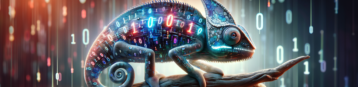 Bureau rétro qui se transforme en un collage de technologies numériques modernes. Il y a un caméléon sur le bureau.