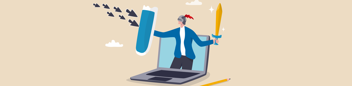 Un chevalier muni d'une épée émerge d'un ordinateur portable et braque un bouclier pour se protéger de l'attaque de flèches représentant autant de menaces en ligne.